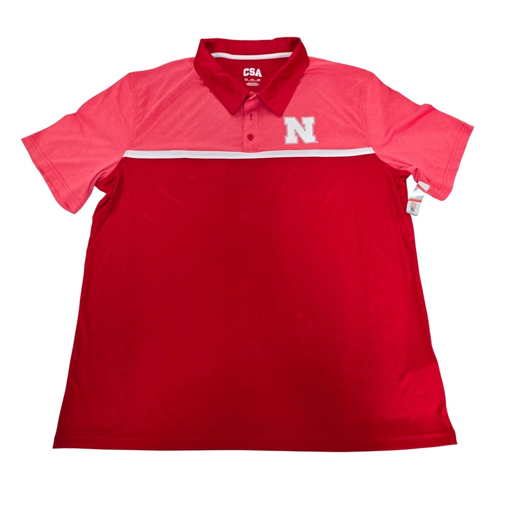 CSA Nebraska Huskers Mens 2XL Red Colorblock Performance Polo Shirt NWT